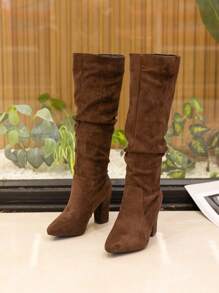 秋冬季女装时尚粗跟尖头褶皱踝靴 - 咖啡棕 - 查看 4