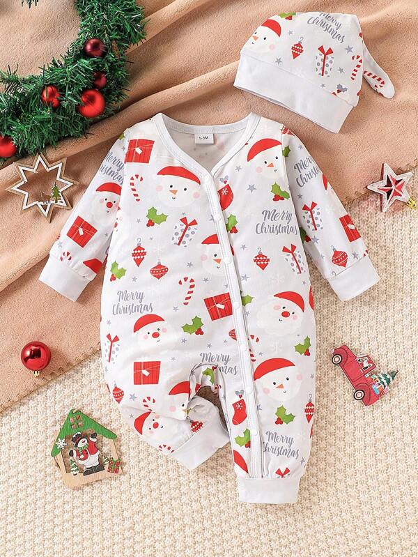 Baby schattige kerst Kerstman geschenkdoos patroon hooded romper & muts set, vakantie-editie