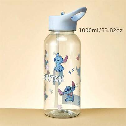 Miniso Disney Stitch Water Bottles Large Capacity Leak Proof Straw Cup With Handle Portable Plastic Anti Drop Sports Water Bottle 1000ml / 33.82oz