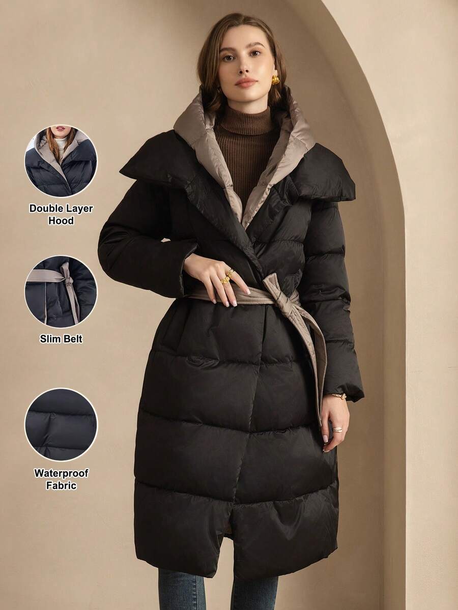 ZIAI 时尚女士双层连帽长款系带冬季外套 - 黑色 - 查看 1