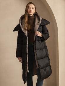 ZIAI 时尚女士双层连帽长款系带冬季外套 - 黑色 - 查看 2