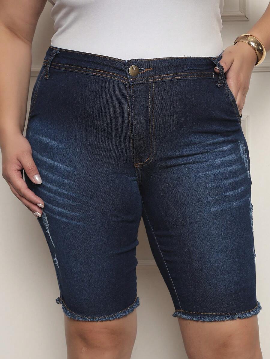 Plus Size Women's Bermuda Jeans In Worn Out With Frayed Hem - Rửa tối - Xem 1