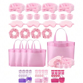 24 قطعة ملحقات حفلة السهر مجموعة عصابة الرأس والمعصم و قناع العين واسكرنشيات الشعر وحقيبة حمل،إكسسوارات لأطقم الحمام والنوم، لوازم الحفلة الستايلية والسبا، هدايا لحفلة السهرة والسبا