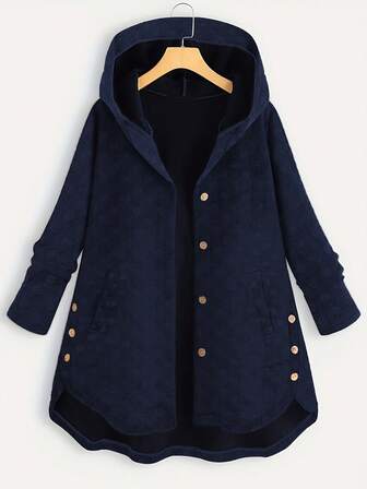 Plus Size Solid Color Polka Dot Long Sleeve Hooded Warm Jacket For Autumn/Winter