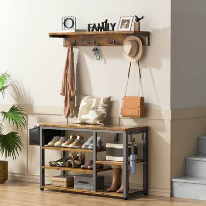 Entrance Hall Tree Shoe Bench With 4 Hooks For Entryway, Hallway