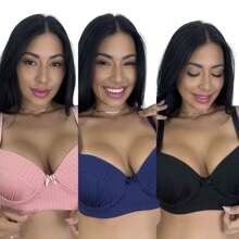 KIT 3 Ribbed Bras With Padded Cups And Reinforced Straps Black/Baby Pink/Blue - 彩色 - 查看 1
