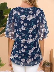 CheersLife Women's 3/4 Sleeve Blouses And Tops Business Dressy Casual Shirts Double Layers Mesh Tunics Tops - Blue - View 2