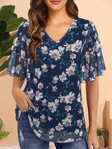 CheersLife Women's 3/4 Sleeve Blouses And Tops Business Dressy Casual Shirts Double Layers Mesh Tunics Tops - Blue - View 4