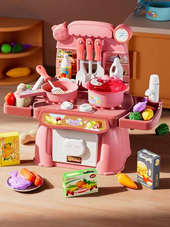 1 套逼真的迷你厨房烹饪假装玩具，无声炉灶，带火焰效果，模拟煤气炉，用于煮汤和煎炸，可按压水龙头，带真水，假蔬菜和厨具，适合父母和孩子互动，提高动手能力，高度逼真，随机配件