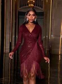 Faeriesty Fringed Trim Sequin Cocktail Party Dress, Wedding Guest Dress - Burgundy - View 4