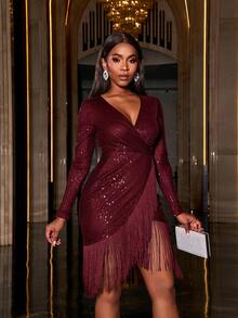 Faeriesty Fringed Trim Sequin Cocktail Party Dress, Wedding Guest Dress - Burgundy - View 8