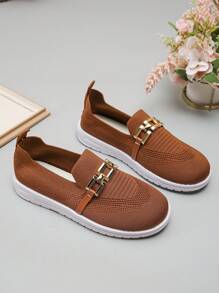 女士金属装饰舒适防滑针织透气棕色运动鞋，运动风格休闲鞋，适合秋季日常穿着，软底跑步鞋 - 棕色 - 查看 6