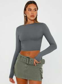 OUTBALL Womens Long Sleeve Crop Tops Shirts Basic Tight Slim Fit Cute Teen Girls Fall Winter Clothes - 灰色 - 查看 5