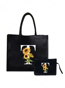 Bolsa de lona negra, que incluye una bolsa con iniciales impresas de la A a la Z y una bolsa pequeña impresa, con estampado de girasoles y flores, letras, flores, paquete de regalo personalizado, bolsa de lona negra - Negro - Ver 19