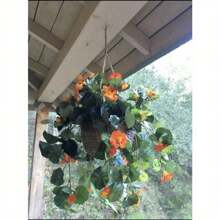 22" Nasturtium Artificial Faux Plant In Hanging Basket Home Decor. Retail $84