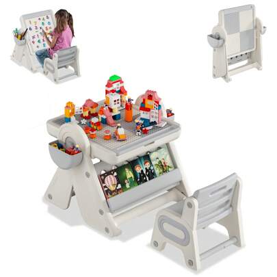 VA-Cerulean Children's Building Blocks Table Chair Set, Children's Seating Group With Double-Sided Table Top, With Tray For Building Blocks, Storage Space, Children's Activity And Learning Table For Preschool Children, Foldable