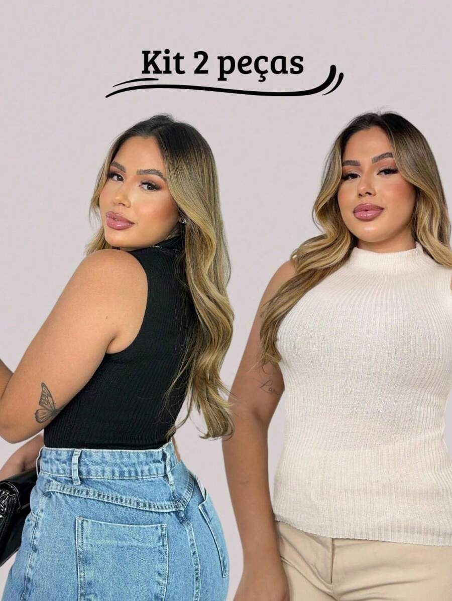 Kit Bottle Turtleneck Knit With 2 Blouses Women's Fashion Casual Blogger Tank Top Summer Party Ribbed Work - 黑/白 - 查看 1