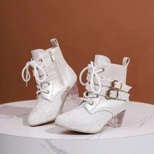 Giày bốt đế xuồng đính sequin mờ thời trang có gót pha lê, thoải mái, đa năng, bền bỉ dành cho phụ nữ - Màu be - Xem 6