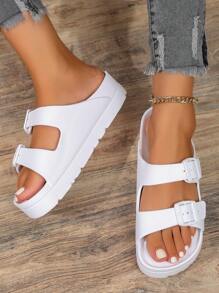 New Women Thick Sole Slide Sandals, Non-Slip, Soft, Buckle Decoration, Outdoor Wear, Durable, Shock Absorbing, Comfortable - White - View 5