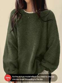 كنزة صوفية كروشيه طويلة الأكمام بياقة طاقم، فضفاضة، لون أحادي للنساء