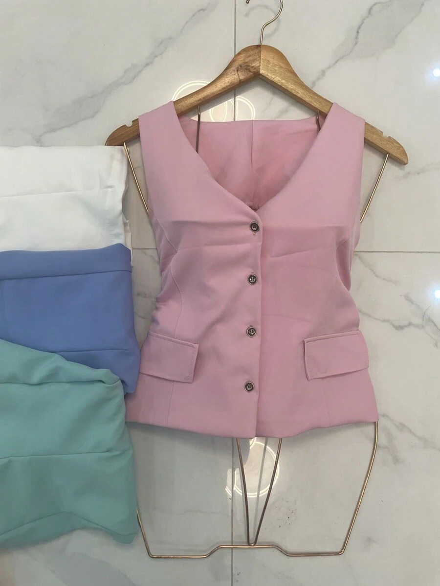 Sleeveless Tailored Blazer Vest - Pink - View 1