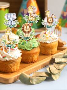 16pcs Jungle Animal Style Cake Topper, Jungle Animal Theme Birthday Babe Shower Party Decoration Supplies, Wild One Cup Cake Decorations, Baking DIY Accessories