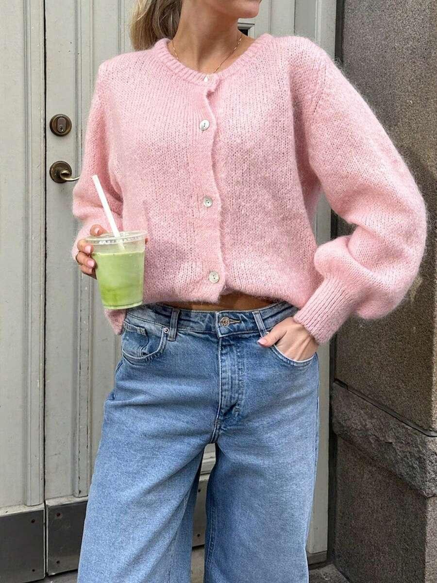 Women Button Up Sweaters Casual Lightweight Solid Color Knit Cardigans Warm Fall Knitwear For Outerwears Streetwear - Pink - View 1