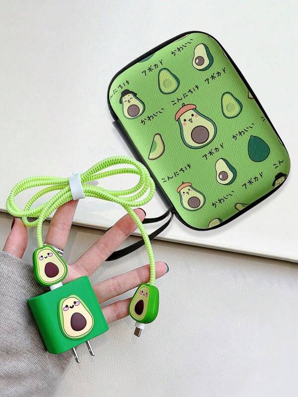 6pcs/Set: Extra Large EVA Cable Management Organizer Pouch + 1.5m Avocado Shaped Cable Winder And Protector, Compatible With 20W Fast Charging Cables, Protective TPU Charging Head Covers, Cable Clips And Storage Bag - Compatible With IPhone 12/13/14 Series Cable Protector, Charger Protector