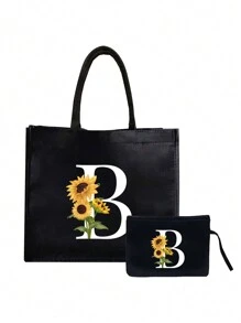 Bolsa de lona negra, que incluye una bolsa con iniciales impresas de la A a la Z y una bolsa pequeña impresa, con estampado de girasoles y flores, letras, flores, paquete de regalo personalizado, bolsa de lona negra - Negro - Ver 24