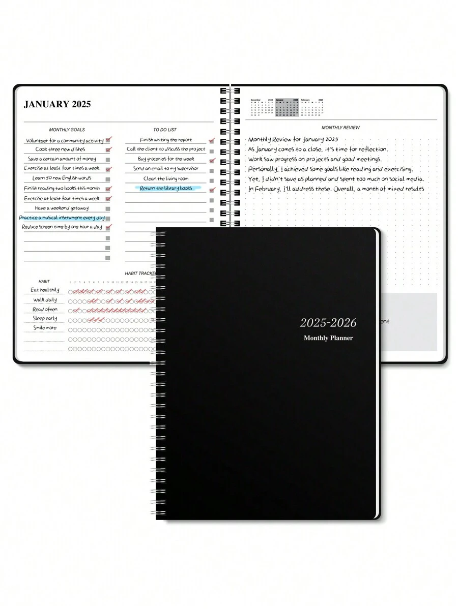 Kế hoạch hàng tháng Danh sách việc cần làm 2025-2026 Nhật ký theo dõi thói quen Văn phòng tại nhà Kế hoạch hàng ngày Kế hoạch hàng tháng Sổ tay cuộn xoắn ốc này - màu đen - Xem 1