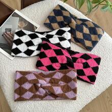 2 件女士针织钻石图案双色交叉运动头带，时尚百搭头巾，保暖耳罩式耳机，复古发带，2024 - 黃黑菱格-女士/女孩 - 查看 5