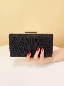 粉色时尚女士晚宴包褶饰闪光女士金属奢华手提包翻盖手拿包 - 黑色 - 查看 3