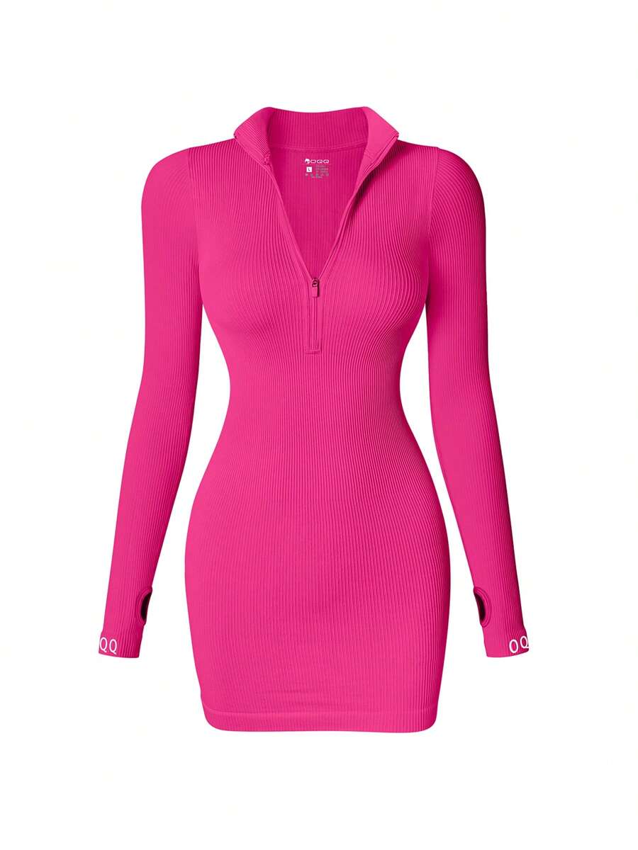 Women's Dresses Sexy Ribbed Zip Front Long Sleeve Tops Mini Dress