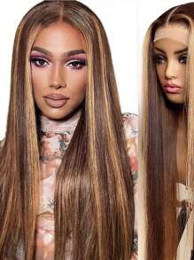 Eulisi 直发 13X4 蜜金色高清透明蕾丝前假发人发 4/27 高光渐变色蕾丝前假发人发预拔婴儿头发 180 密度无胶人发假发女士 - SP4/27 - 查看 2