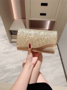1 chiếc túi cầm tay dạ hội có nắp kim loại sáng bóng kèm phụ kiện trang trí, túi cô dâu cưới lãng mạn, túi xách dự tiệc vũ hội kèm dây xích - Vàng - Xem 4