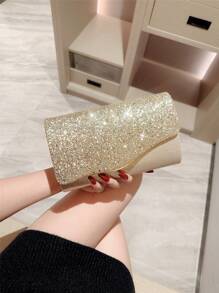 1 chiếc túi cầm tay dạ hội có nắp kim loại sáng bóng kèm phụ kiện trang trí, túi cô dâu cưới lãng mạn, túi xách dự tiệc vũ hội kèm dây xích - Vàng - Xem 5