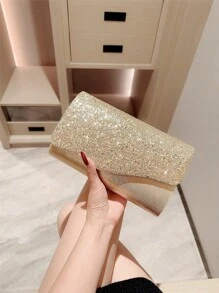 1 chiếc túi cầm tay dạ hội có nắp kim loại sáng bóng kèm phụ kiện trang trí, túi cô dâu cưới lãng mạn, túi xách dự tiệc vũ hội kèm dây xích - Vàng - Xem 3