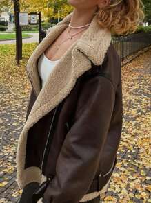 Women Oversized Sherpa Lined Leather Jacket Faux Suede Fleece Shearling Coat Winter Biker Aviator Jacket Overcoat - Brown - View 5