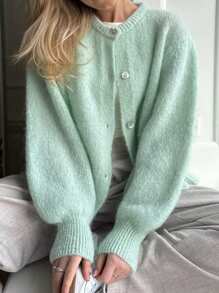 Women Button Up Sweaters Casual Lightweight Solid Color Knit Cardigans Warm Knitwear - Green - View 2