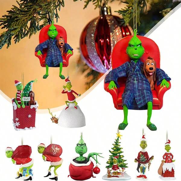 GRINCH 1 pieza/9 piezas Decoraciones de árbol de Navidad inspiradas en el Grinch, de color verde humo, artesanías de acrílico, decoración de árbol verde y roja sin fuente de alimentación, adecuada para el hogar, la cocina, fiestas y celebraciones navideñas para llevar alegría festiva dentro y fuera