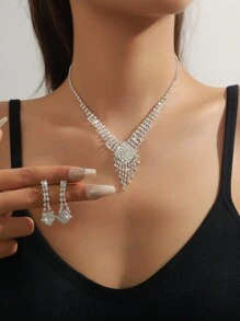 Bộ 3 chiếc/Bộ vòng cổ tua rua vuông đính đá Rhinestone kèm hoa tai và vòng tay, Bộ phụ kiện hợp thời trang dành cho phụ nữ, Thích hợp cho hàng ngày, hẹn hò, đám cưới, tiệc tùng, ngày lễ tình nhân, kỳ nghỉ - Bộ dây chuyền tinh tế - Xem 6