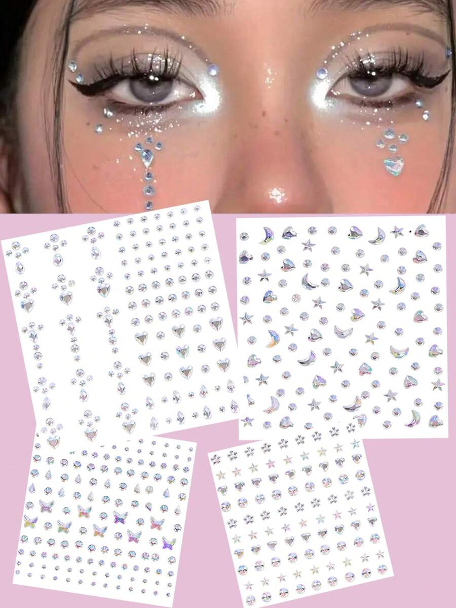 4Sheets/Set Sparkling Rhinestone Face Stickers - 864pcs 3D Rhinestone Face Gems With Tear Drop Shape,Moon,Star,Heart & Butterfly Shape - Perfect For Stage Performance, DIY, Holiday Party (Makeup Carnival Dance Eye Face Decoration)