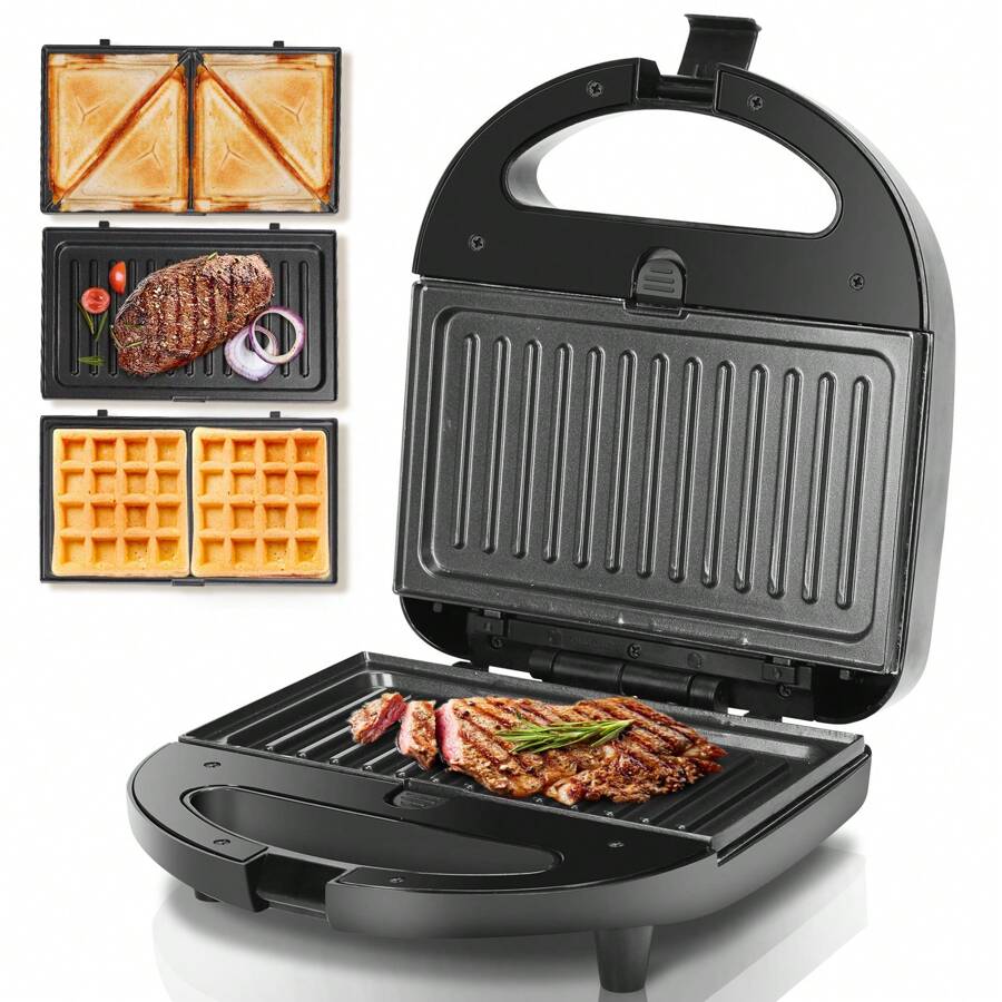 3 In 1 Sandwich Maker: Electric Sandwich Maker, Grill And Waffle Maker, 3 Removable Non-Stick And Interchangeable Plates, Thermostat, Cold Touch Handle, Vertical Storage, 750 W