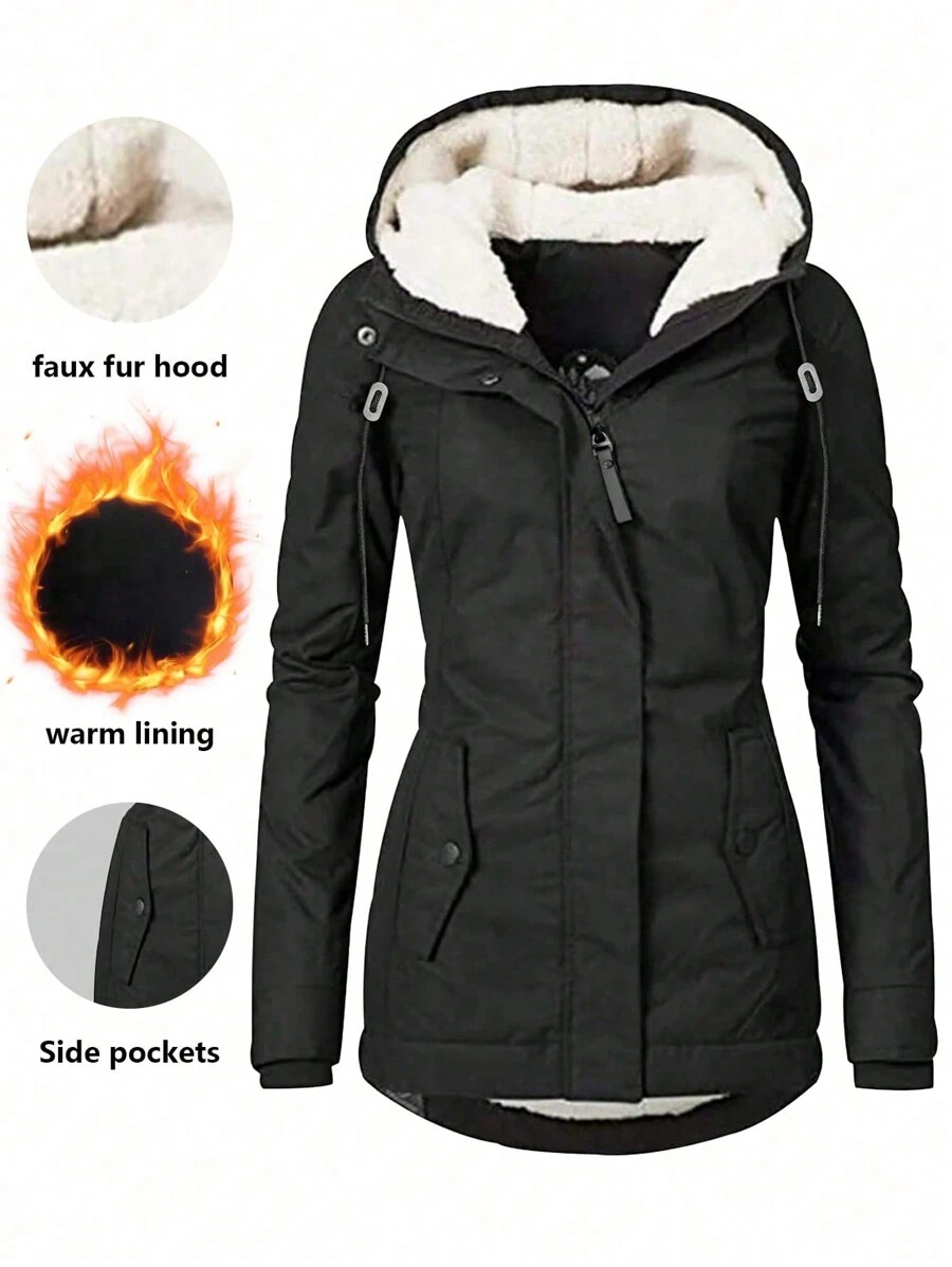 Plus Size Women's Thickened Hooded Parka Jacket - Black - View 1