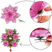 Lot de 20 décorations de Noël en forme de poinsettia avec clip, 14 cm, fleurs à paillettes pour décorations de Noël (rose)