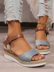 Plus Size 36-43 Women's Summer Sandals, Comfortable Breathable Strap Buckle Round Toe Roman Shoes, Rope Sole Lightweight Casual Female Platform Wedge Sandals