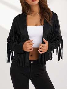 Women Summer Solid Color Collared Jacket With Tassels Long Sleeve Open Front Coat Streetwear - Black - View 10