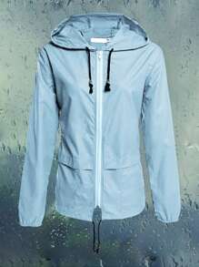 Women Packable Rain Jacket, Outdoor Hooded Windbreaker With Adjustable Drawstring - Blue - View 4