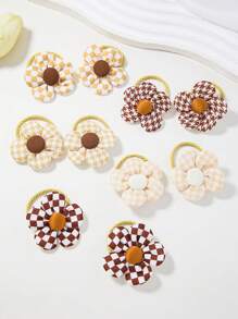10pcs Girls Baby Kids Khaki Fabric Plaid Flower Pattern Cute Princess Hair Accessories Scrunchies Rubber Bands Hair Ties Headbands Hair Decorations For Little Girls