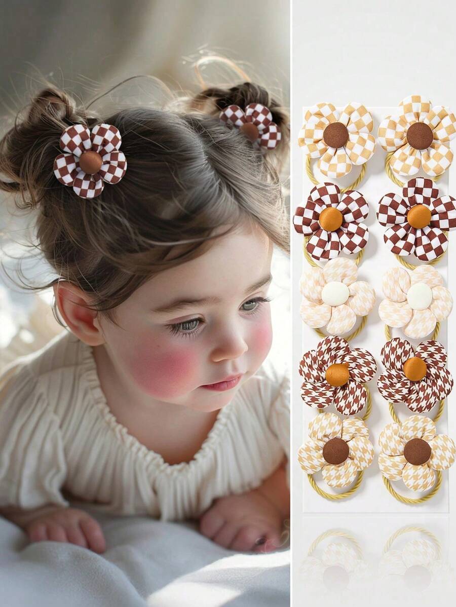 10pcs Girls Baby Kids Khaki Fabric Plaid Flower Pattern Cute Princess Hair Accessories Scrunchies Rubber Bands Hair Ties Headbands Hair Decorations For Little Girls